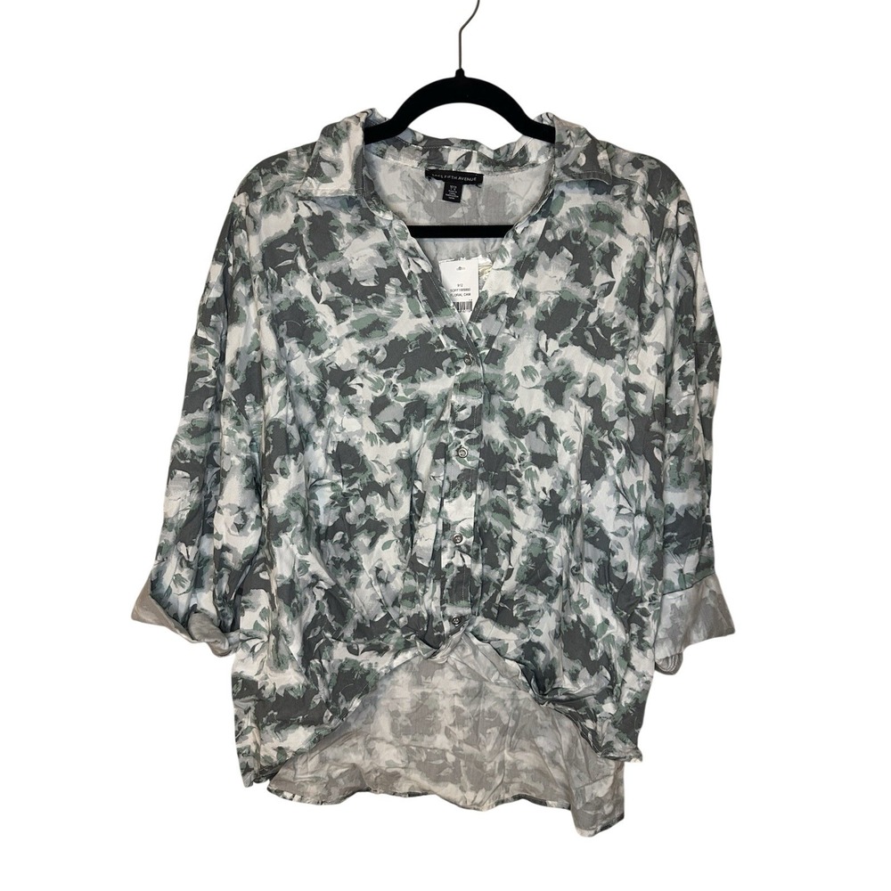 NY Collection Floral Print 3/4 Sleeve Button Down Tie Front Top